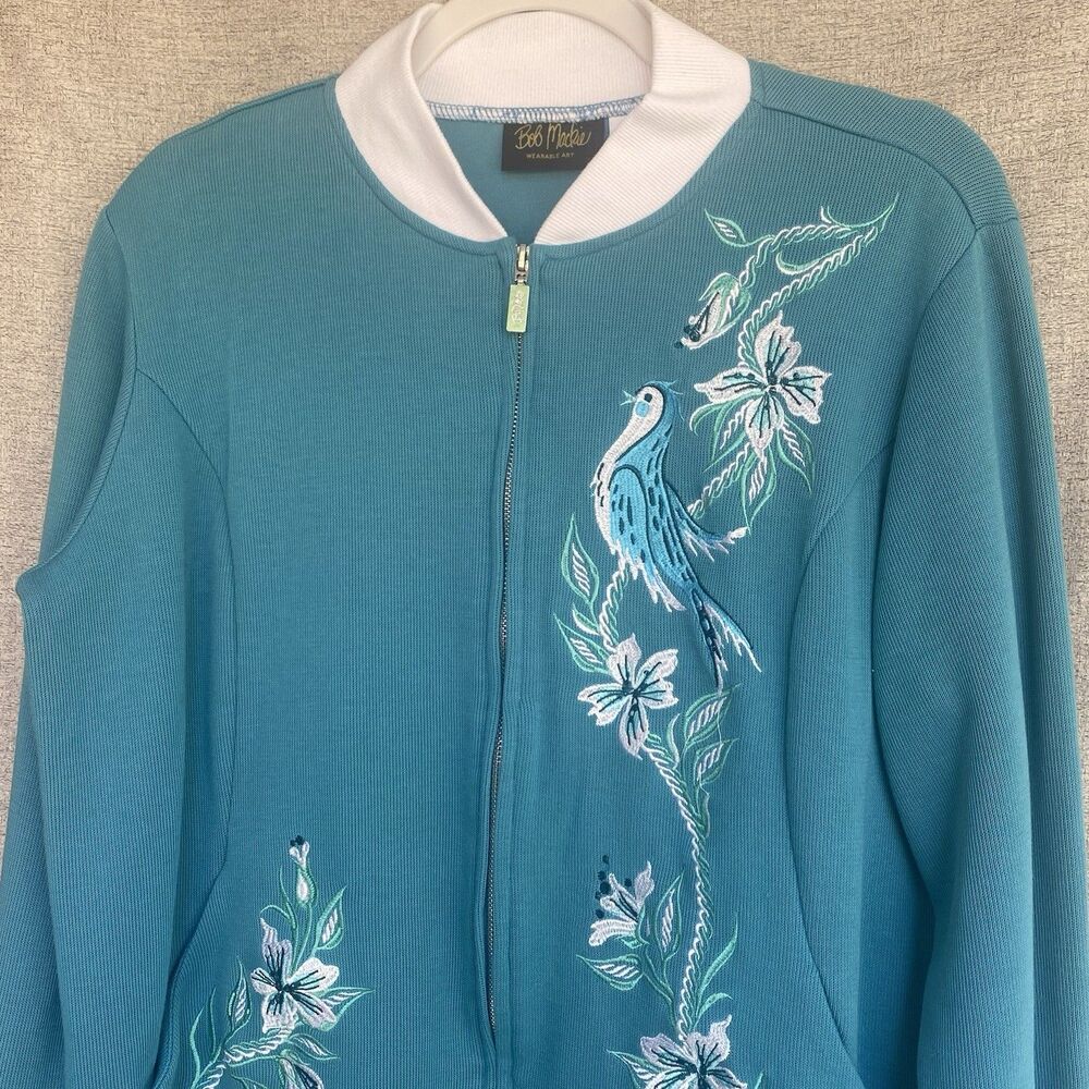 Bob Mackie Wearable Art L Embroidered Floral Bird Jacket Zip Up Teal Collar